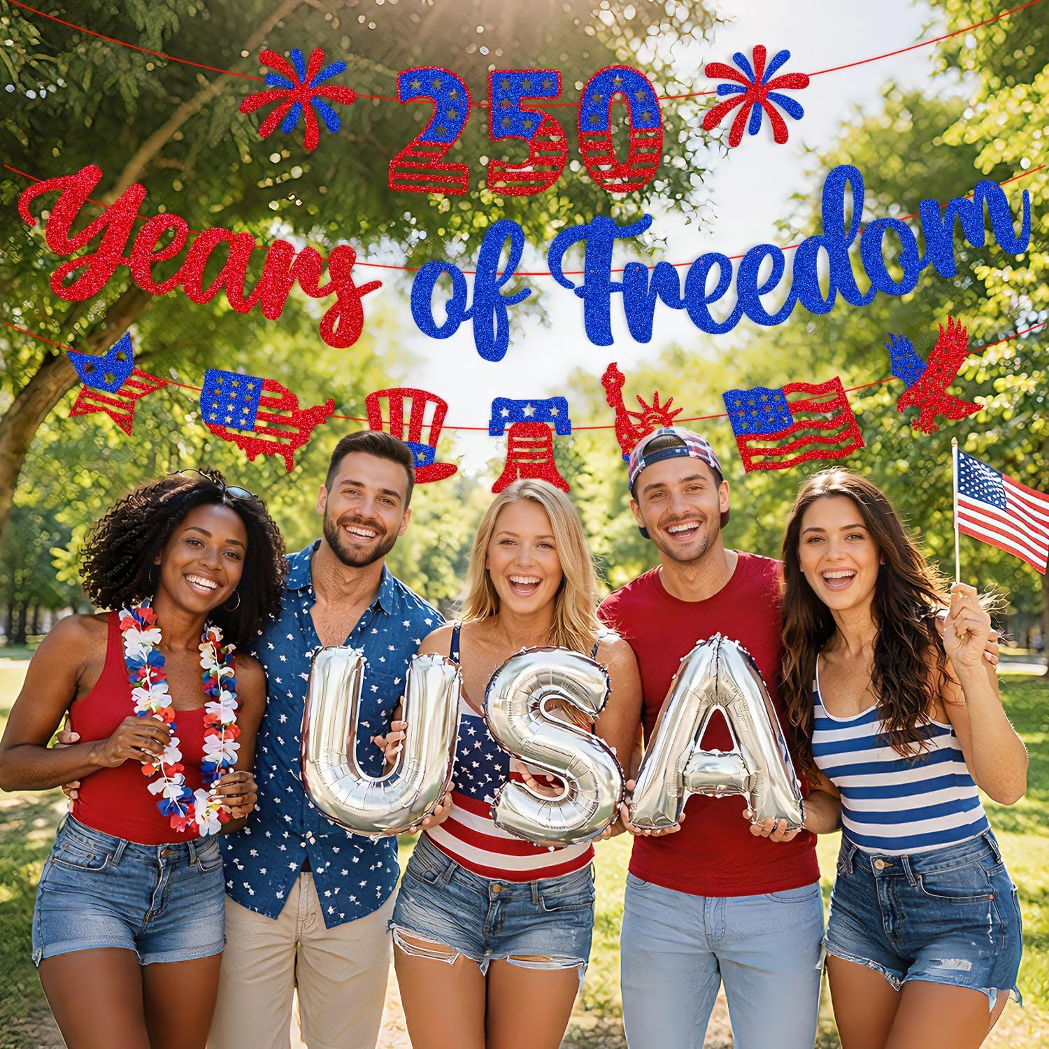 250 Years of Freedom Banner 250th Anniversary America Banner Pre-Strung Glitter Patriotic 1776-2026 Decor for 4th of July Happy Independence Day Celebration Party Supplies