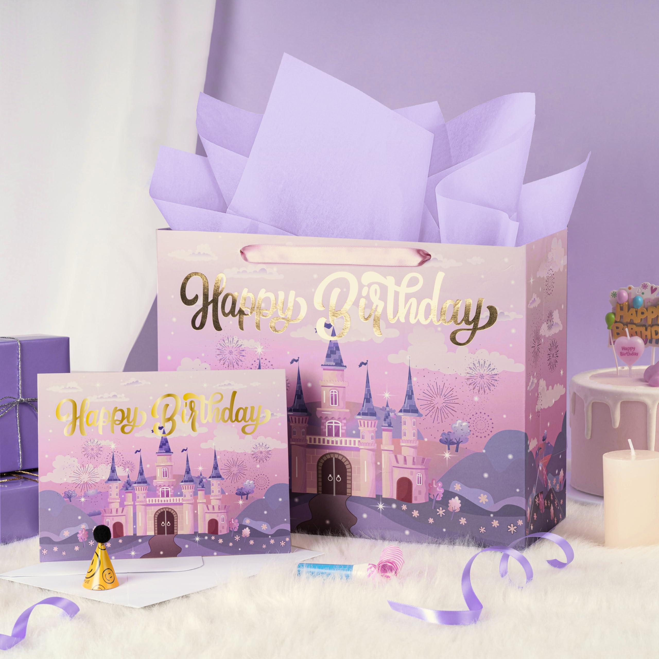 WRAPAHOLIC 13" Princess Birthday Gift Bags with Tissue Paper and Card - Purple Castle Bags for Kids Girls Birthday Party Baby Shower Supplies