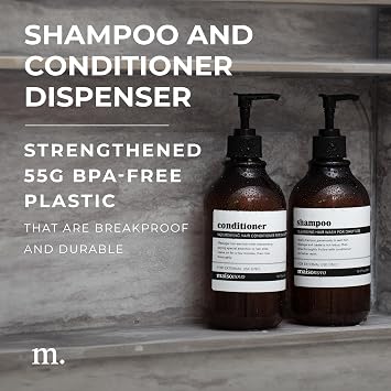 MaisoNovo Shampoo and Conditioner Dispenser Set of 3-500 ml Amber Classic Shampoo Bottles With Pump Black - Refillable Shower Soap Dispenser Set