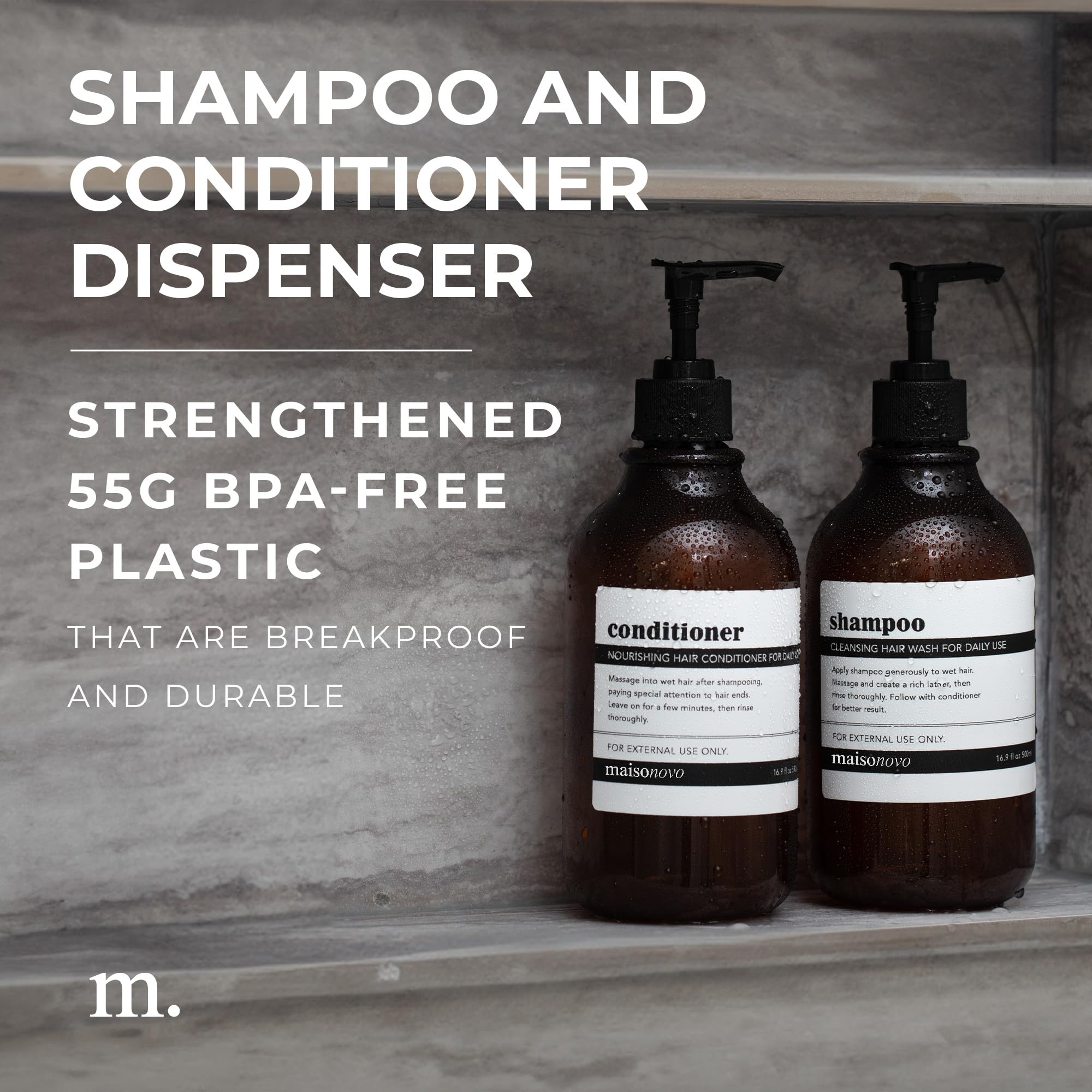 MaisoNovo Shampoo and Conditioner Dispenser Set of 3-500 ml Amber Classic Shampoo Bottles With Pump Black - Image 2