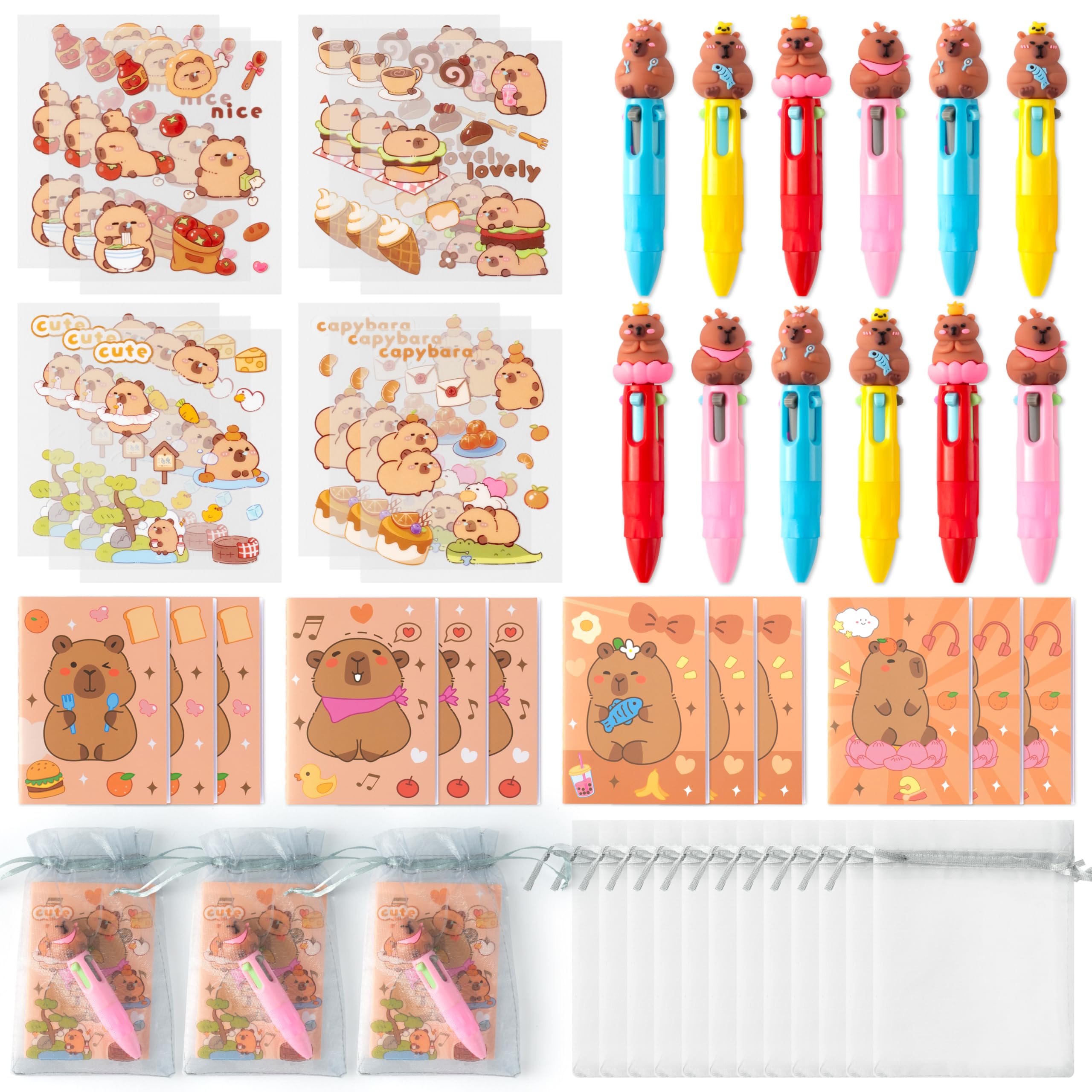 YINGENIVA Capy Stationery Party Gift - 12 Pack Fun Animal Prizes Set Include 4-in-1 Ballpoint Pens Mini Notebook and Organza Birthday Party Favors Goodie Bag Fillers Stuffer for School Rewards