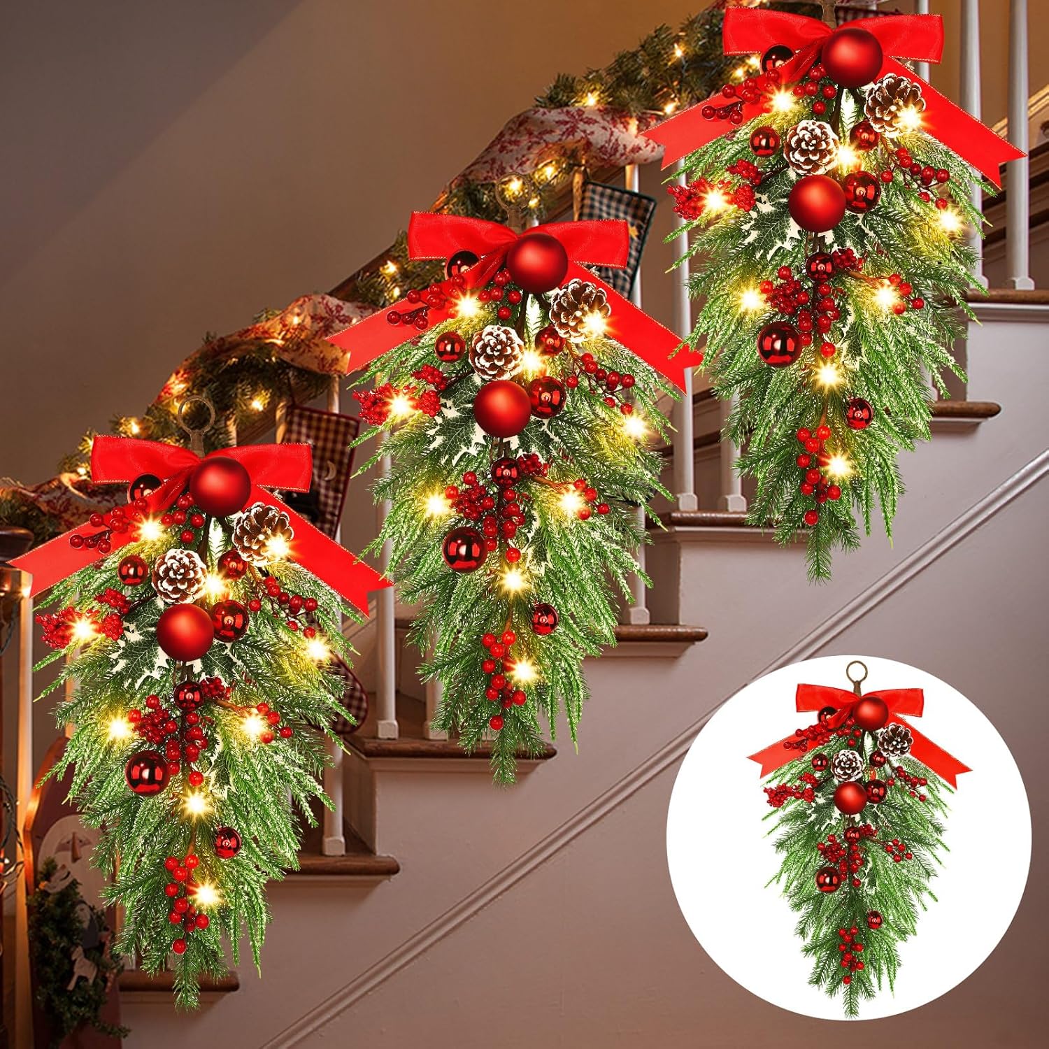 Liliful 2 Pcs 24'' Christmas Teardrop Swags, Christmas Norfolk Stair Swags with Lights Bowknot Berries and Pinecone, Winter Pine Needles Swag for Front Door Wall Window Home Xmas Decor(Stylish)