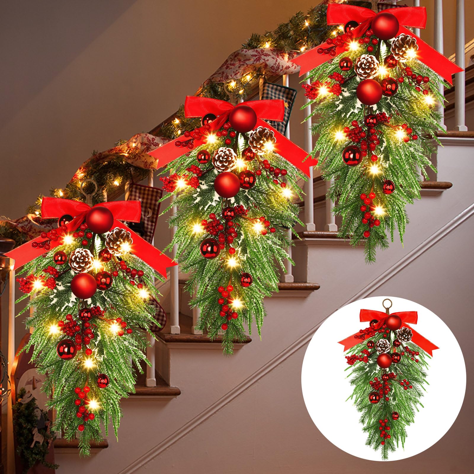 Guirlande Noël goutte d'eau pré-éclairée avec pommes de pin pour illuminer vos fenêtres