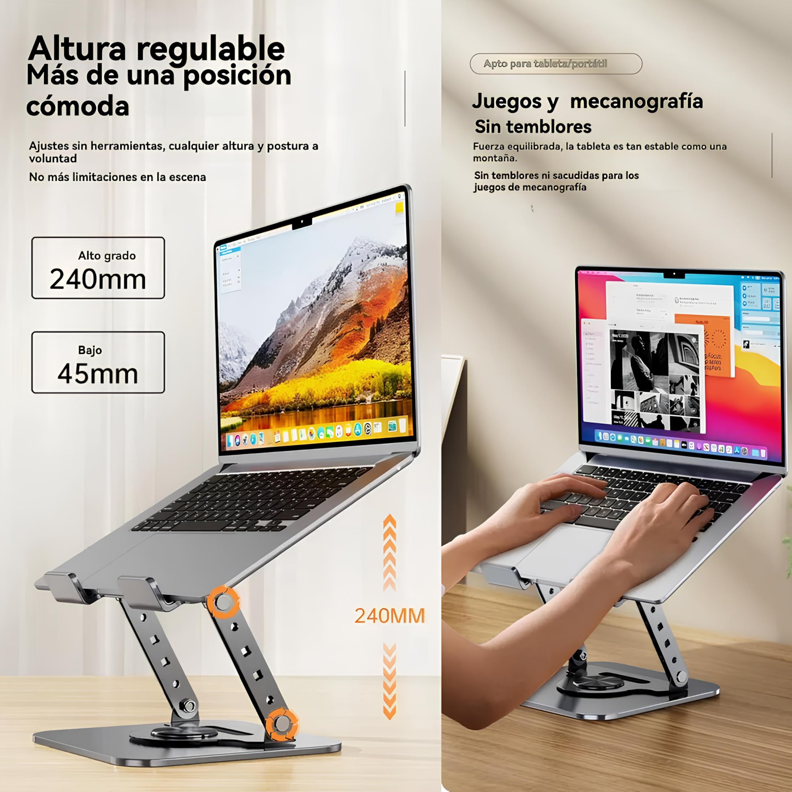 Soporte para Portátil Plegable y Ajustable con Base Giratoria 360° – Elevador Ergonómico con Ventilación Mejorada, Compatible con Laptops de 11 a 17 Pulgadas, Ideal para Oficina y Teletrabajo