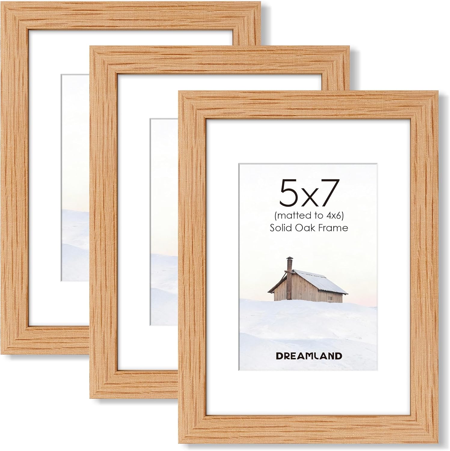 Dreamland 5x7 Picture Frame with Mat for 4x6, Solid Oak Wood 5 by 7 Frames with Resistant Plexiglass, 5 x 7 Wooden Gallery Wall Frames for Art, Wall or Tabletop Display, Set of 3
