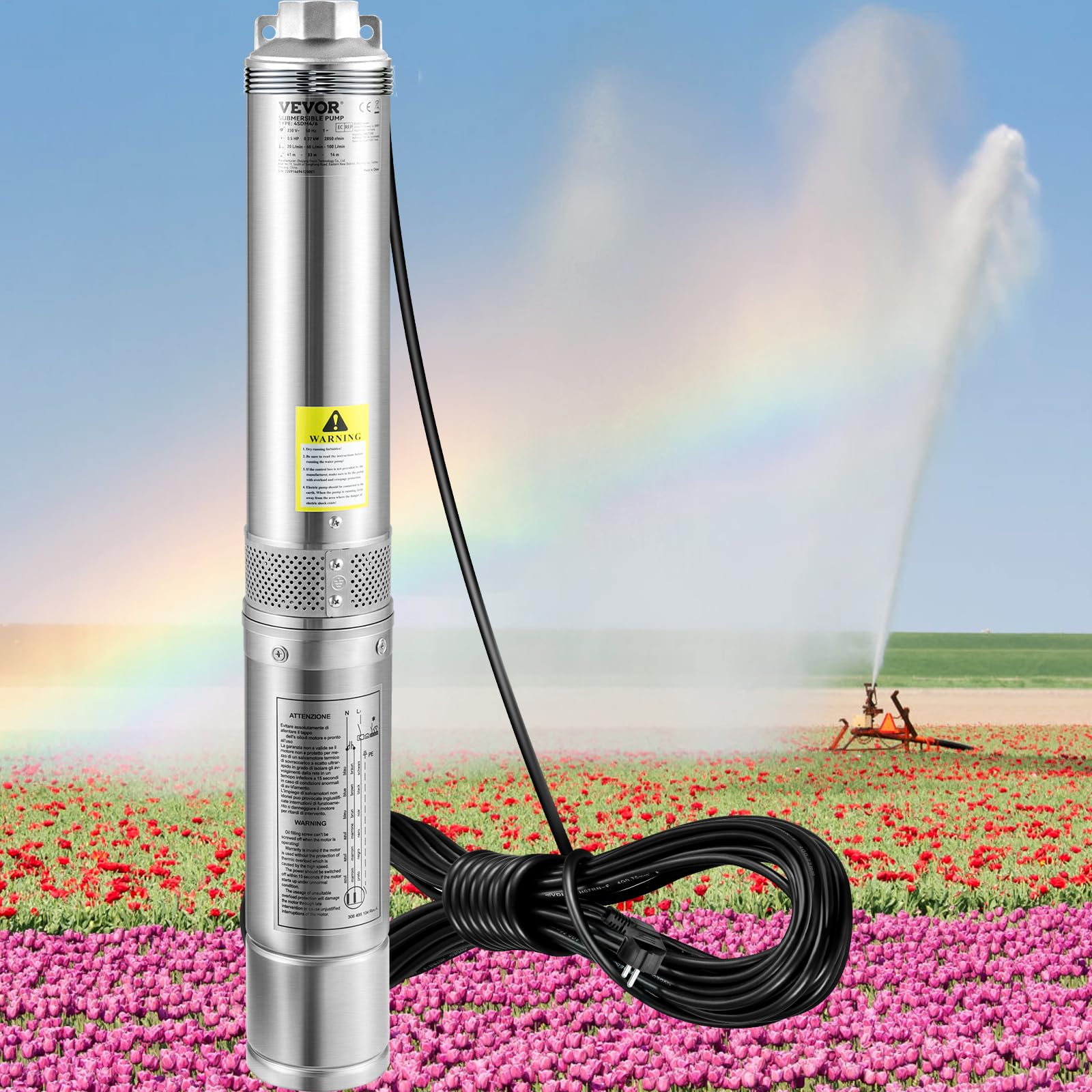 VEVOR Pompe Immergée pour Puits 100 L/min 66 m à Eau Profond en Acier Inox, Électrique 750 W, de Submersible Automatique Usage Domestique Agricole Industriel, Argent,