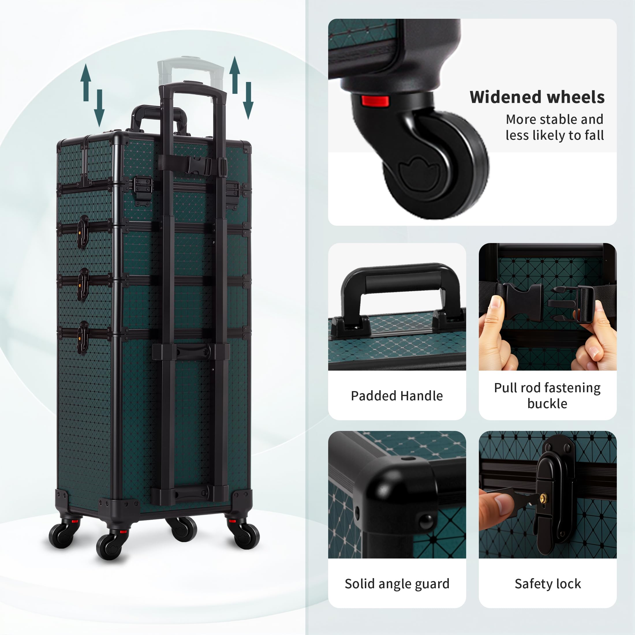 Arous 4-in-1 Professioneller Make-up-Zugkoffer, multifunktionaler Kosmetikwagen mit 360° drehbaren Rädern, Schlüsseln, großer Stauraum, Reisewagen, Kosmetik-Zugkoffer für Nageltechniker