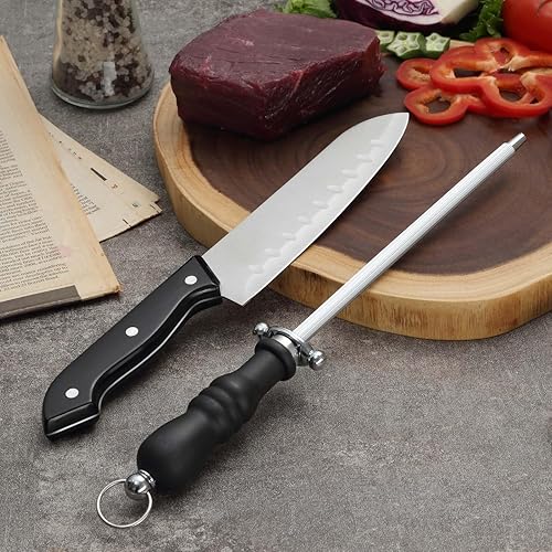 Miniatura 6 de BEWOS Cuchillo Santoku de 7 pulgadas, cuchillo de cocina profesional de acero inoxidable con varilla de afilado, juego de cuchillos de chef ultra