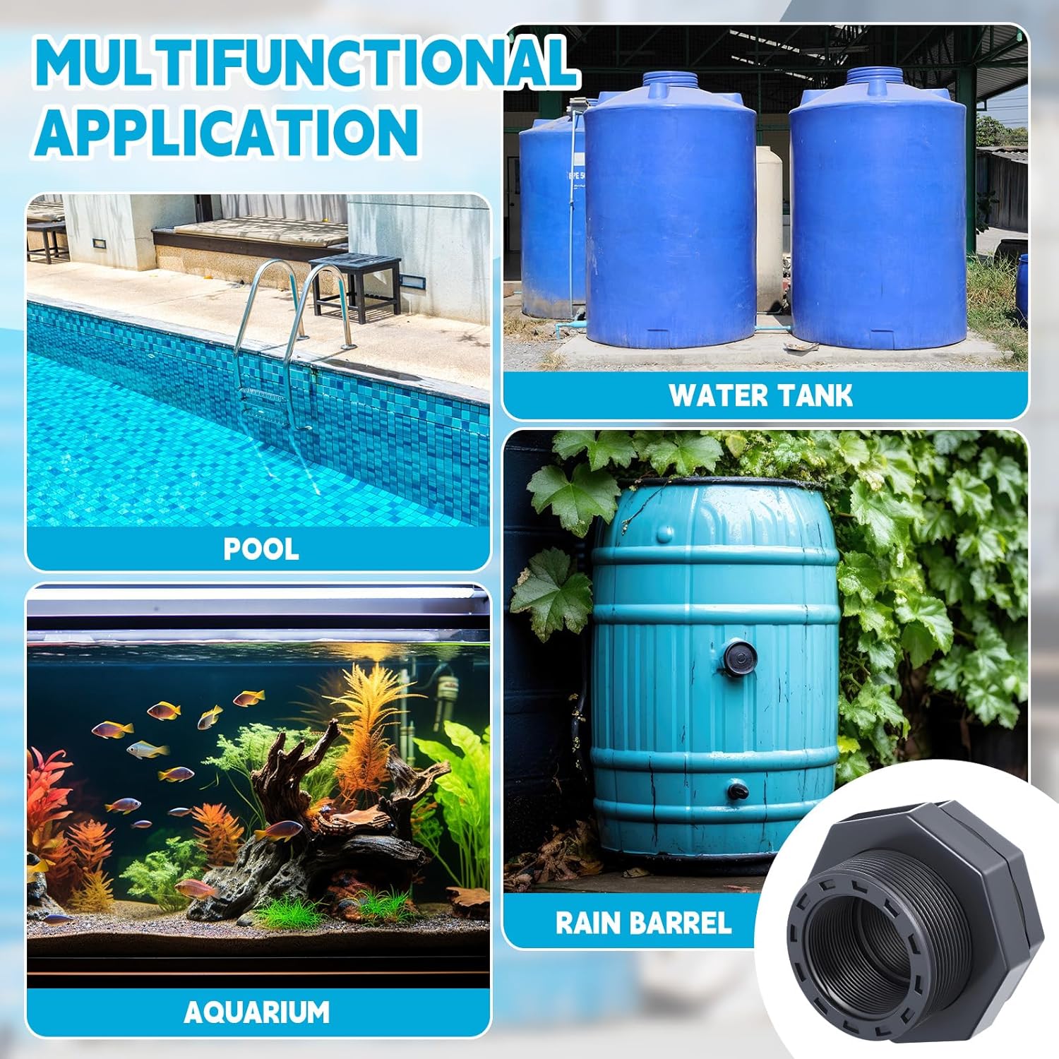 4 Pcs 2 Inch Bulkhead Fitting PVC Water Tank Connector Plumbing Pipe Threaded Bulkhead Fitting NPT for Rain Barrels, Water Tanks, Aquariums, Tubs, Pools