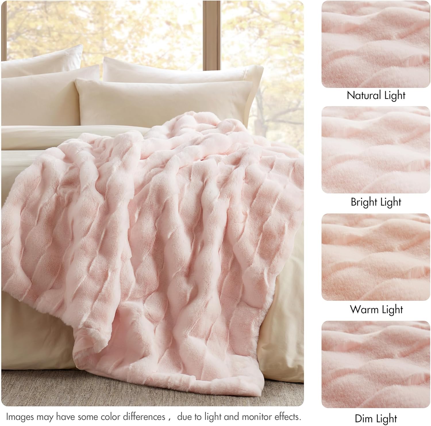 Madison Park Luxuriously Cozy Soft Long Faux Fur Basketweave Blanket, Reversible Soft & Snuggly Velvet Throw, Lightweight, Breathable, All Season, Trendy Room Décor, 50x60, Pink