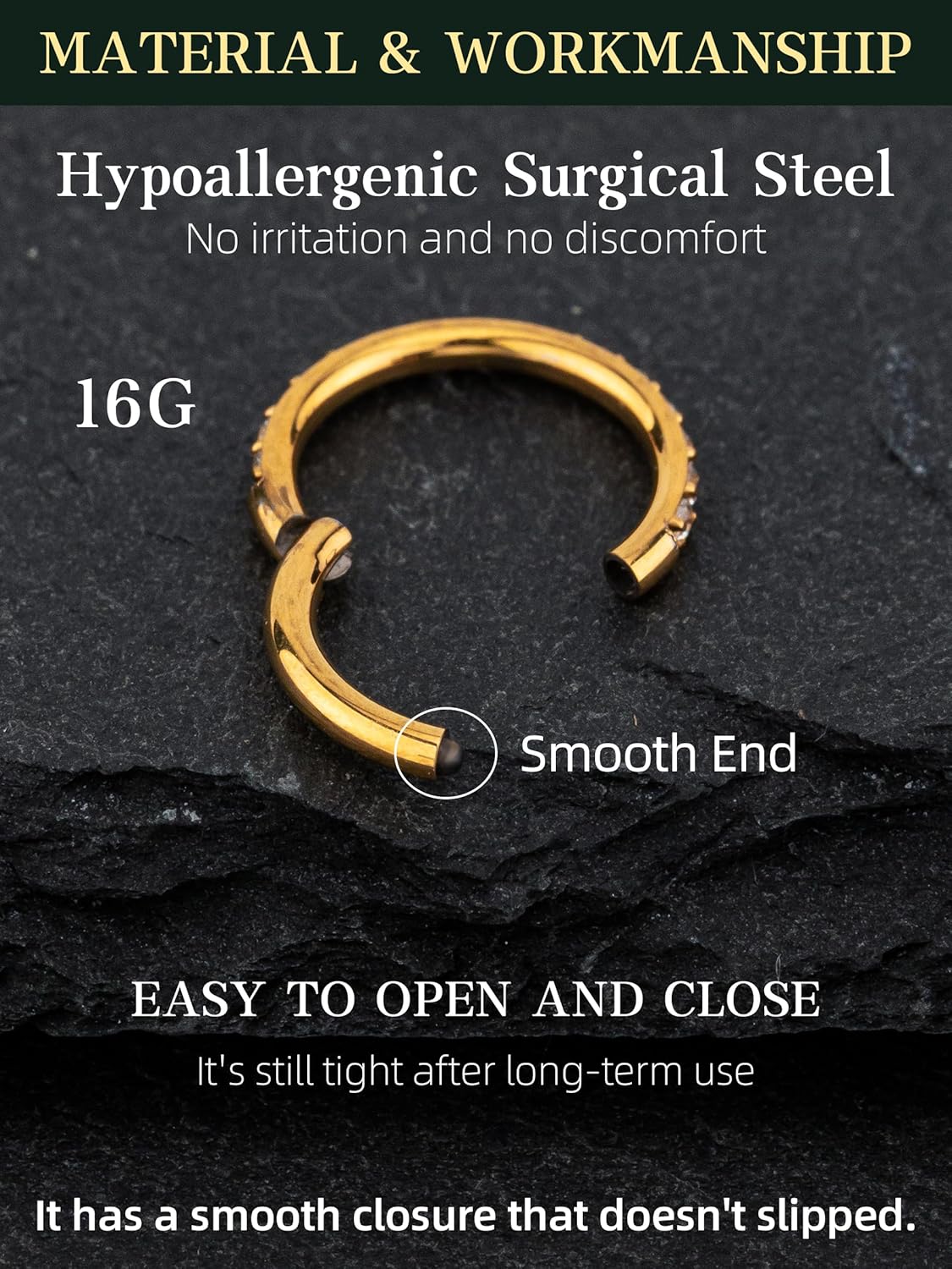 Hypoallergenic Gold Nose Rings Hoops - 20G 18G 16G Surgical Steel Cartilage Earrings Septum Jewelry Hinged Segment Ring CZ Paved Daith Rook Helix Tragus Body Piercing 6/7/8/9/10MM - Image 2