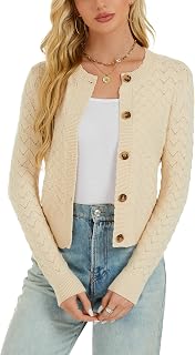 Women's Long Sleeve Cropped Knit Sweater Cardigan Button Down Open Front Knitted Shoulder Sweater Sweaters