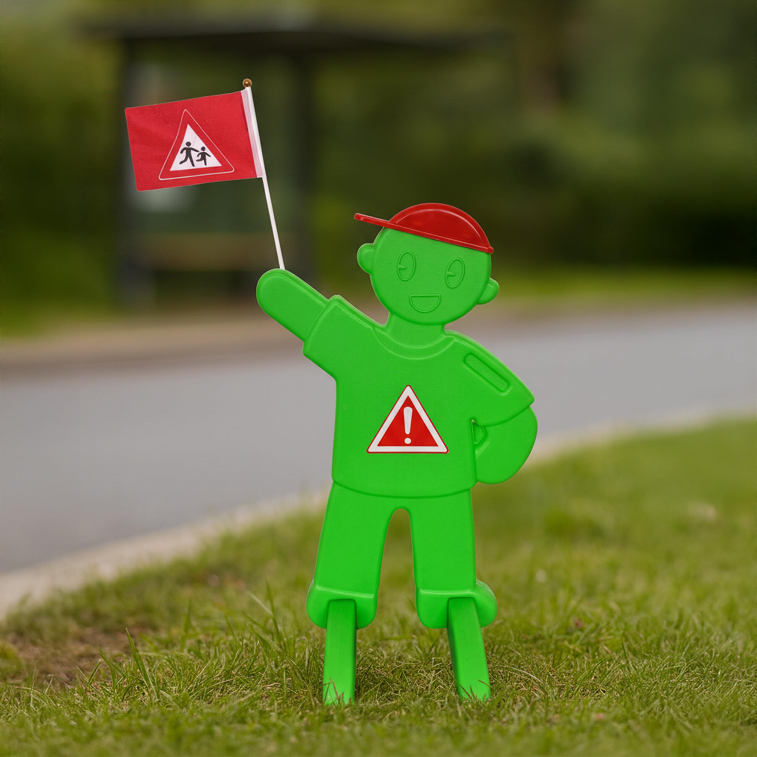 Relaxdays Figura de Aviso para niños con Bandera, Soporte Seguridad HBT: 84x52x46 cm, señal Reflectante Verde