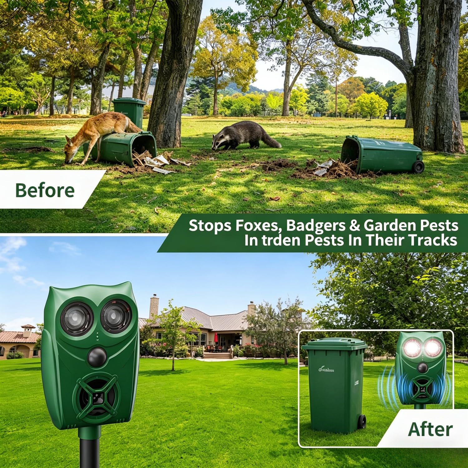 Repellente per gatti per giardini UK, sensore PIR LED flash con 5 modalità, ricarica solare e USB, spaventapasseri per animali a ultrasuoni, impermeabile IP65, deterrente per esterni, per gatti, volpi