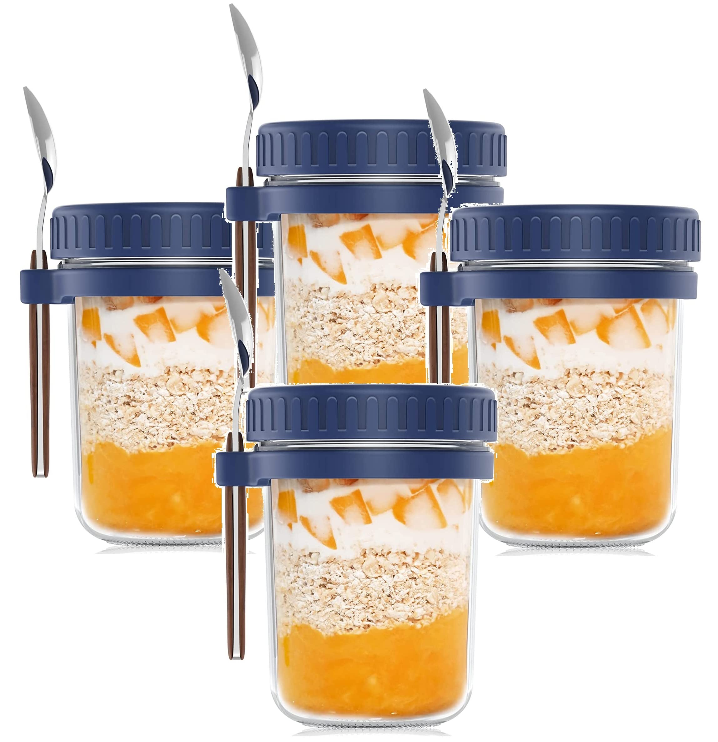 STAR WORK Overnight Oats Jars with Spoon and Lid Airtight Oatmeal Container with Measurement Marks, Mason Jars with Lid for Cereal On The Go Container Pack of (Blue, 1)