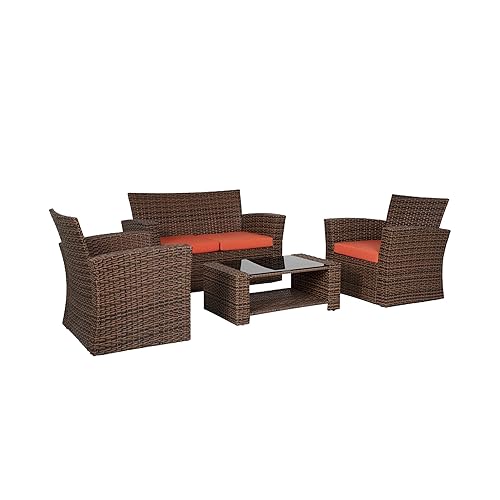 Coastal Brown 4 Piece Wicker Patio Furniture Sets, All Weather