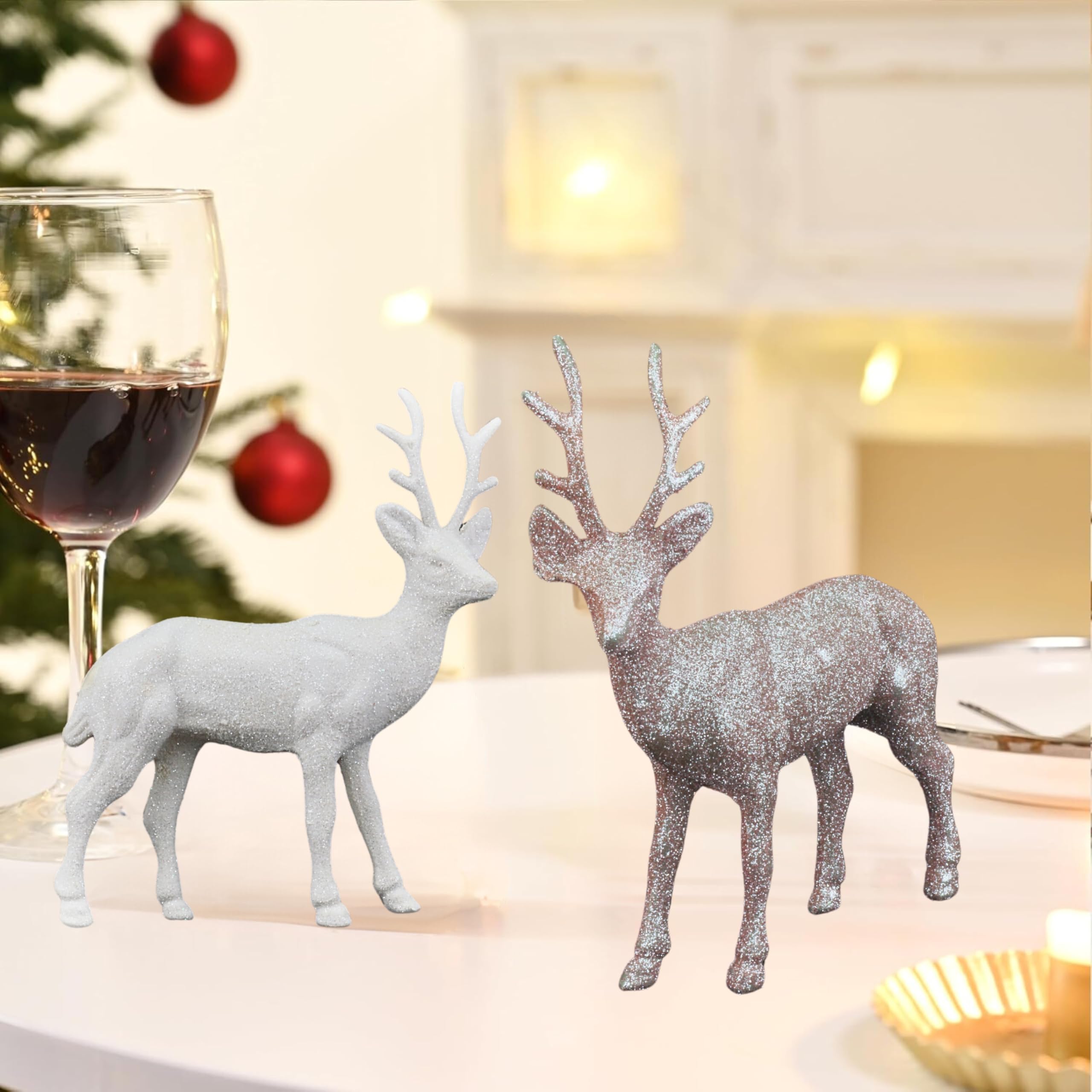 HOVUK 2 figuras de decoración de reno de Navidad, renos blancos y oro rosa, adorno de ciervo de pie de 17 cm para decoración de mesa de Navidad y bolsas de regalo