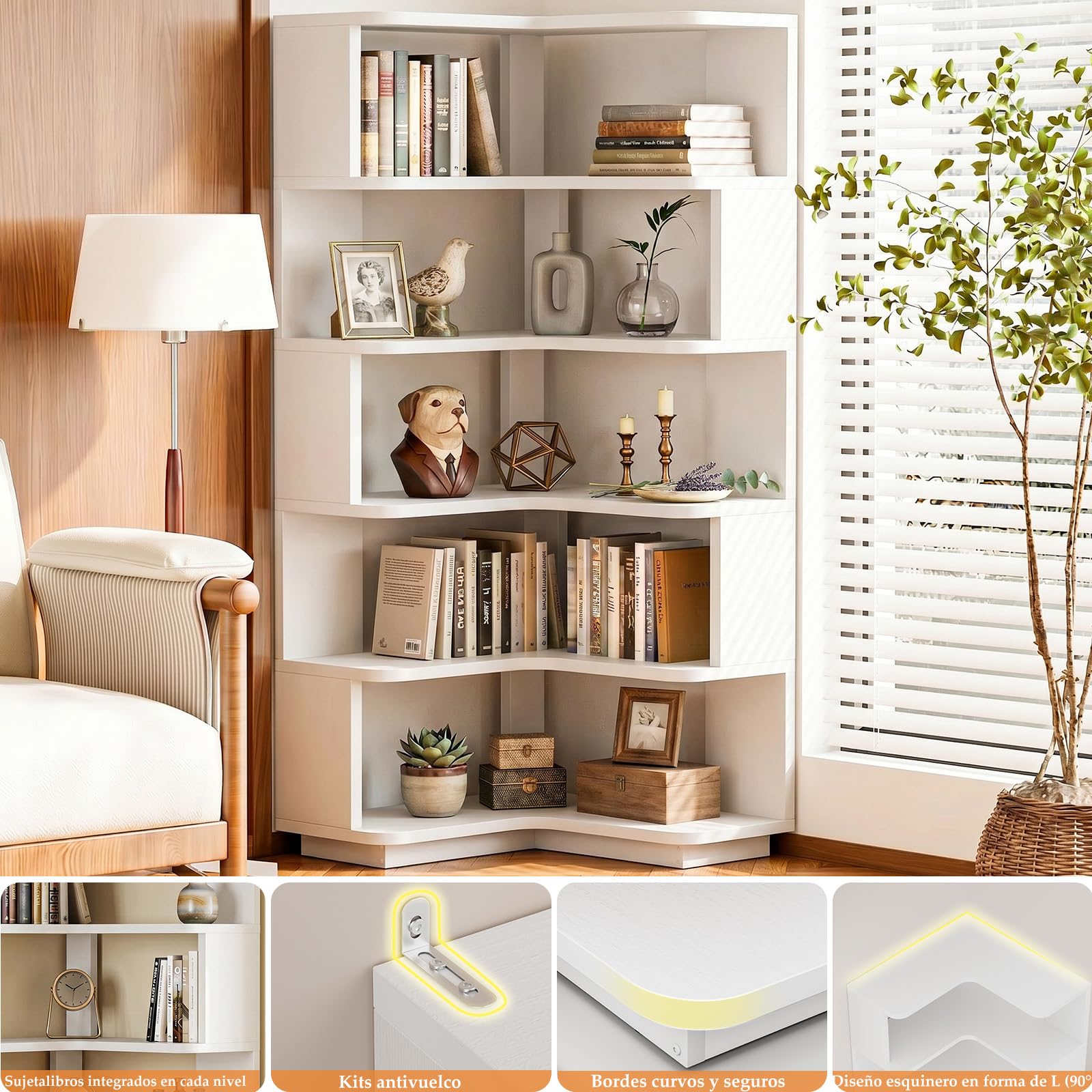 Homieasy Estantería Esquina de 5 Niveles para Libros, Blanco | 60x60x162cm, Forma L, Independiente con Sujetalibros, Salón y Oficina, Ahorro Espacio, Madera MDF