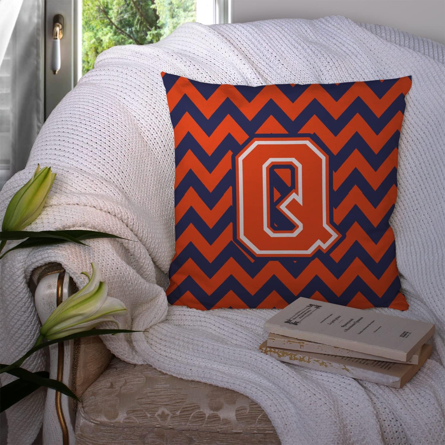 Caroline's Treasures CJ1042-QPW1414 Letter Q Chevron Orange and Blue Fabric Decorative Pillow Machine Washable, Indoor Outdoor Decorative Pillow for Couch, Bed or Patio, 14Hx14W
