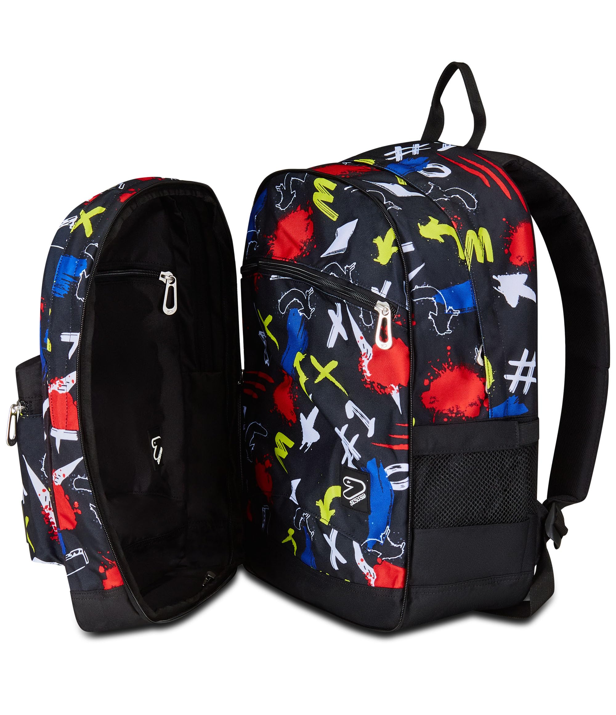 Seven Plecak szkolny Pro XXL Reversible Detach The Double, GraffitiLoad, czarny czerwony, 3 plecaki w 1, podwójna komora z bezprzewodowymi słuchawkami, kieszenią na PC i kieszenią na butelkę, średni