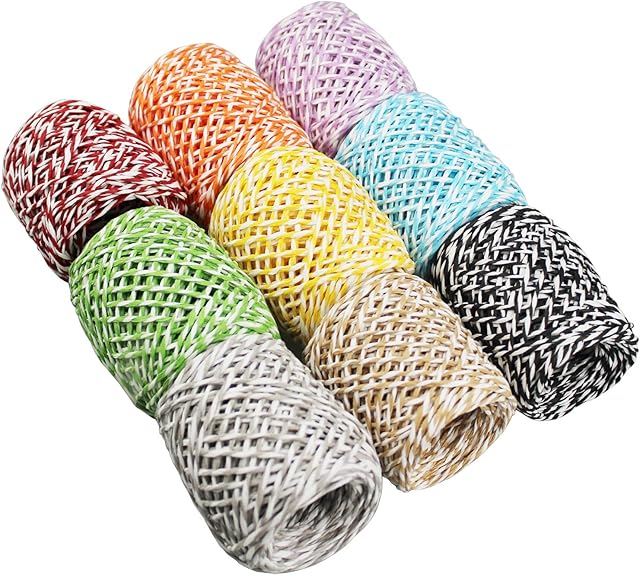 LJY 9 Rolls Multi-Coloured Raffia Paper Twine String Ribbon for Gift Wrapping Box Packing, Artworks, DIY Crafts, Party Favor and Embellishments