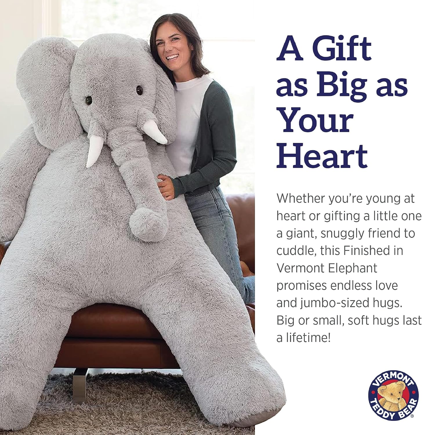 Vermont Teddy Bear Giant Elephant Stuffed Animal | Jumbo Collectible Elephant Plush, Crafted in USA | 6 Ft | Plush Toy for Kids & Adults | Giant Collection