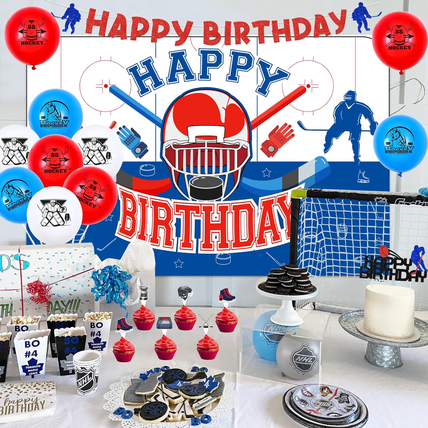 Hockey Birthday Party Decorations, Hockey Themed Party Decor, Ice Hockey Happy Birthday Backdrop Banner Cake Topper, Hockey Birthday Balloons Party Supplies