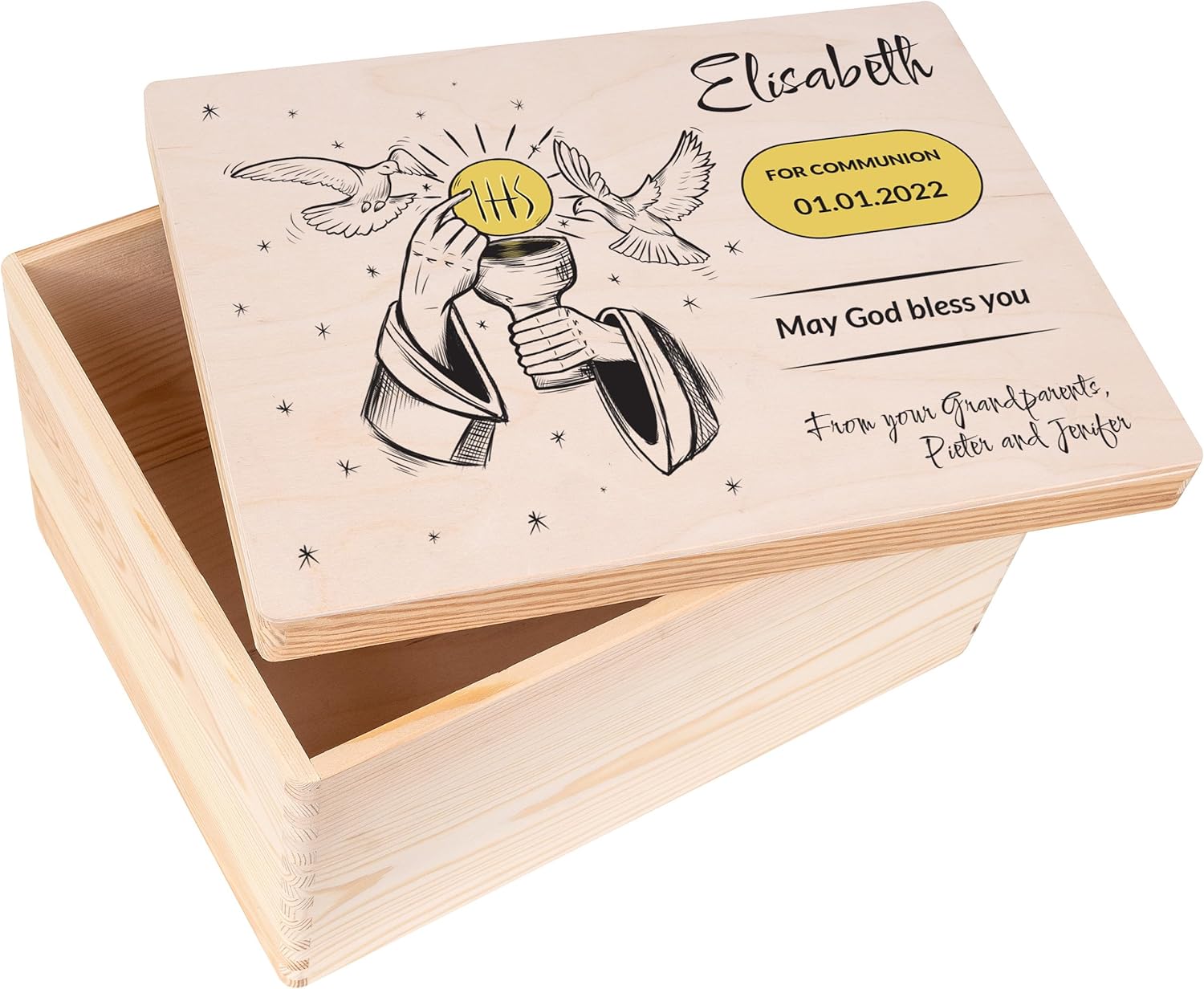 Personalised Wooden Storage Box Communion Cup Dove | 15.74x11.81x9.44in | Multiple Choice | Pressed Lid Engraving | Unpainted Gift Box | Rough UNSANDED Keepsake Souvenir Chest