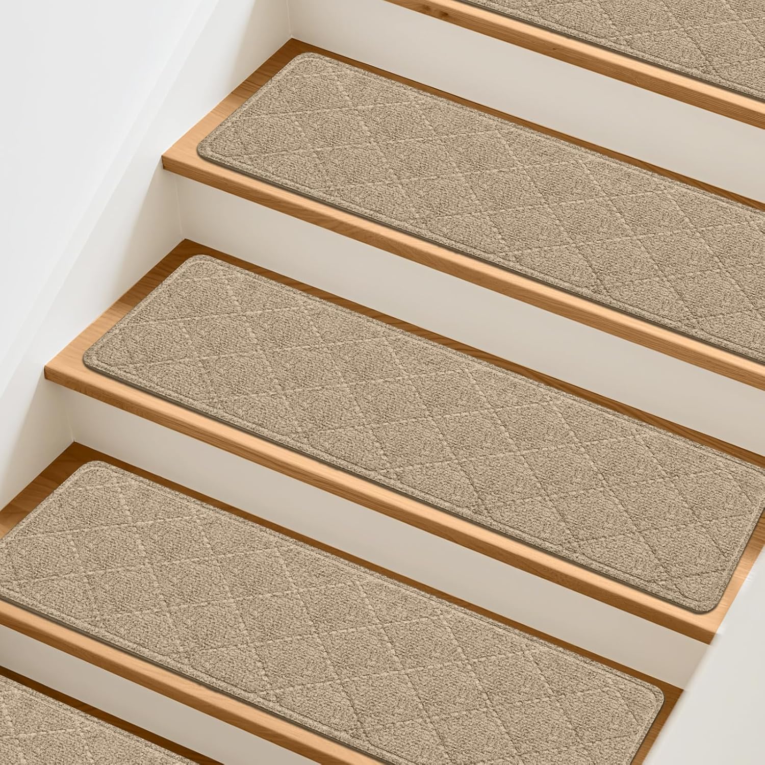 Stair Treads Non-Slip for Wooden Steps, 15Pack - 8" x 30" Edging Stair Runner Indoor for Kids Elders & Pets, Washable Carpet Stair Treads with Peel & Stick Reusable TPE Backing, Beige
