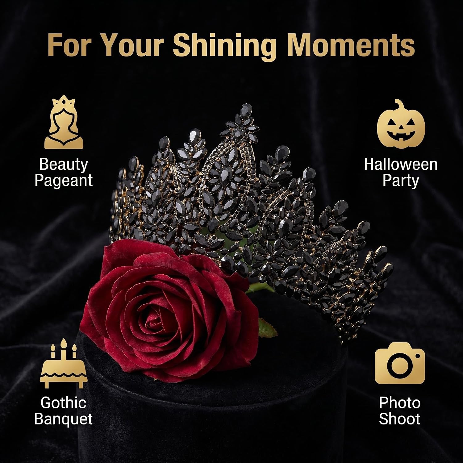 Black Crystal Queen Crown for Women Gold Gothic Princess Rhinestone Tiara