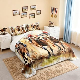 Horse Racing Comforter Set Watercolor Competitive Scene Bedding Set Retro Race Art Bedding Home Decor Western Cowboys Comforter Full Size 3 Pieces Quilted Duvet Set 1 Comforter with 2 Pillowcase