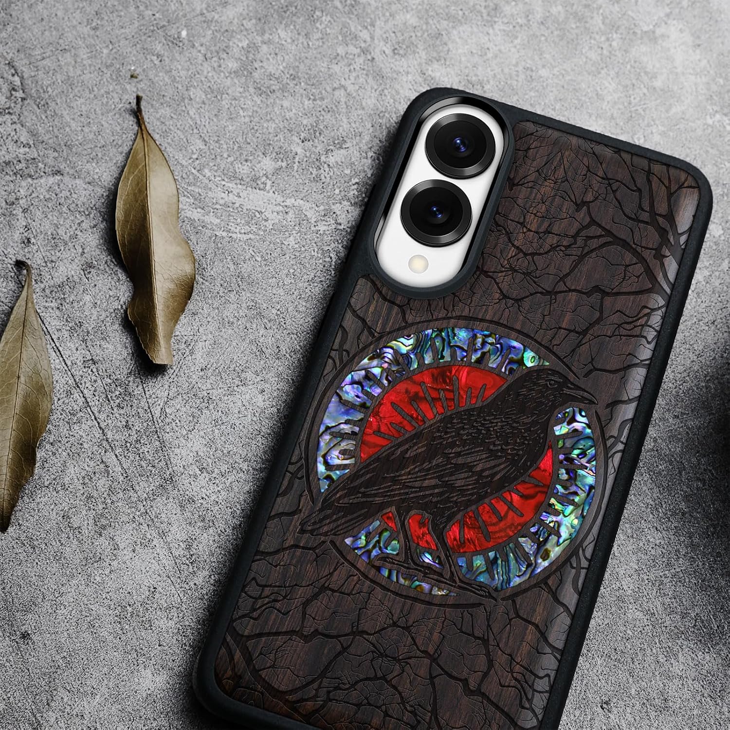 Carveit Magnetic Wooden Case for Samsung Galaxy S25 Edge Case, Wood Artisan Engraved & Handmade Shell Inlaid, Compatible with MagSafe Wireless Chargers (The Haloed Crow) Blackwood