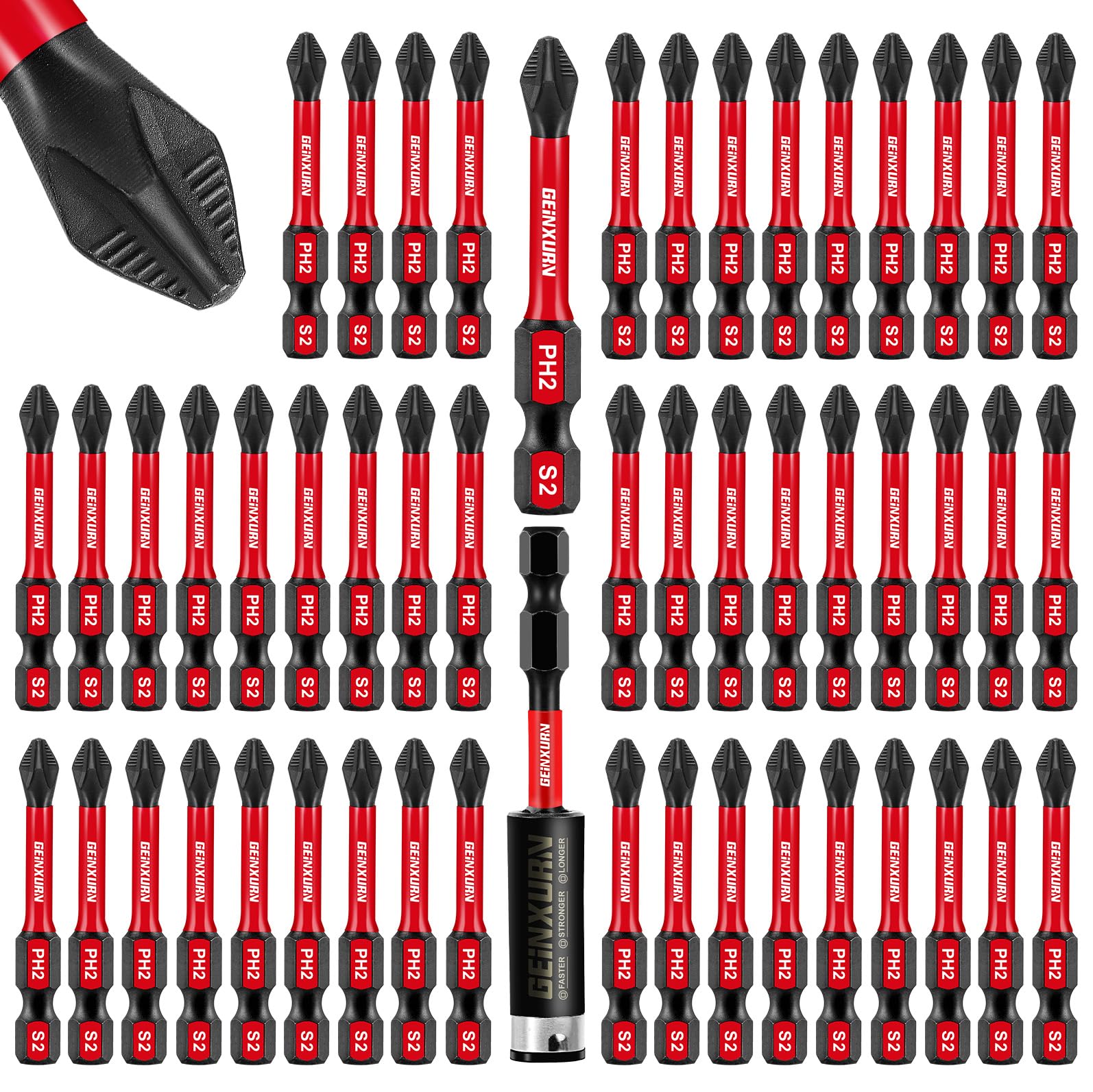Geinxurn Paquete de 51 puntas de destornillador antideslizantes PH2 de 2 pulgadas, 2 puntas magnéticas Phillips de vástago hexagonal de 1/4 pulgadas con 1 soporte de brocas de impacto, a granel