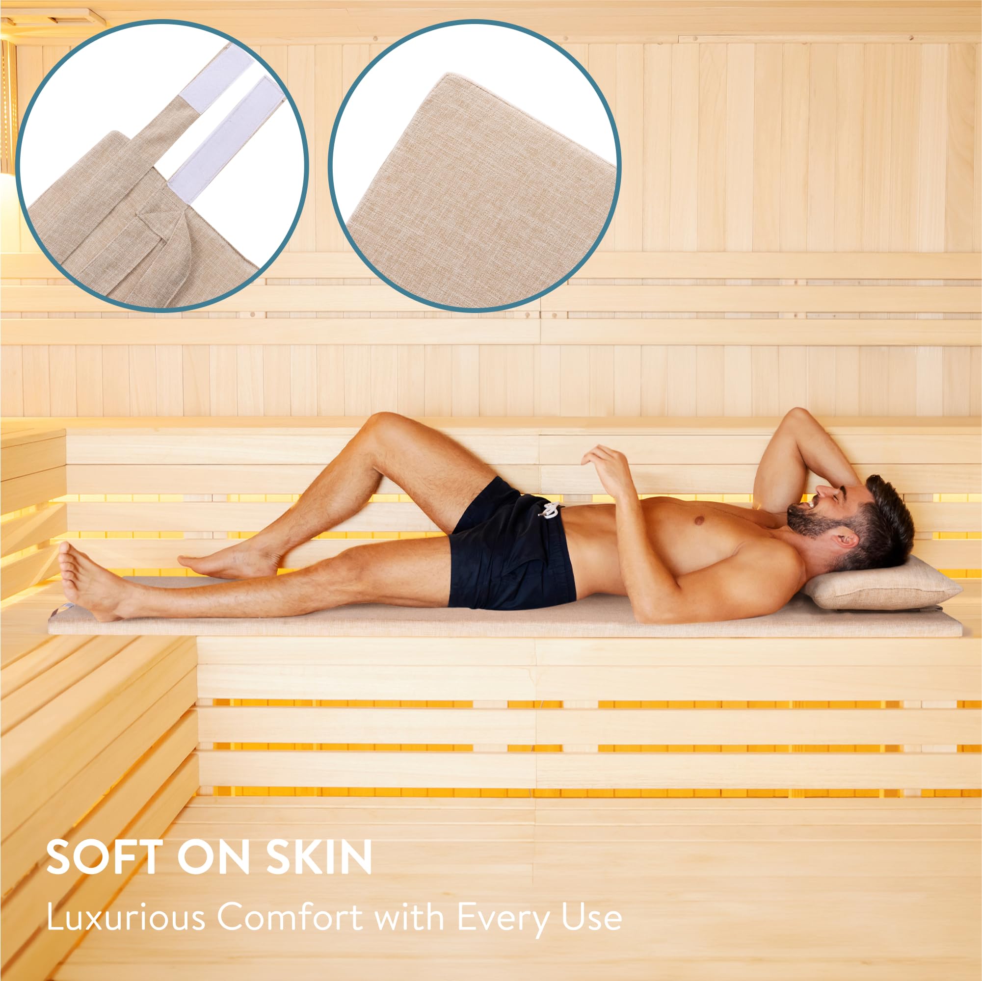 JEMIDI Cojín y Tumbona para Sauna y Jardín - Set 1x Colchoneta y 2x Cojin para Sauna SPA Piscina Jardin - Fácil de Transportar con Cuerdas - Fundas Lavables - Efecto Lino Beige