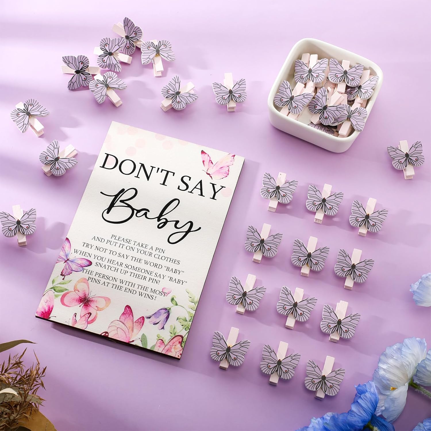 Unittype 51 Pcs Don't Say Baby Shower Game Favors Include Purple Butterfly Theme Baby Shower Sign and 50 Mini Butterfly Clothespins for Boys Girls Gender Reveal Party Supplies