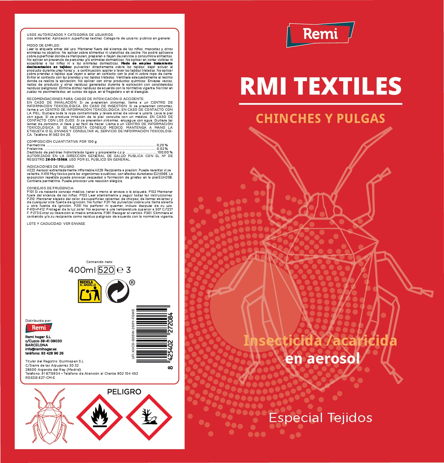 Remi Hogar Spray Anti Chinches y Pulgas Insecticida | Veneno | Aerosol Repelente Especial Tejidos | Eficaz | Aplicar en muebles