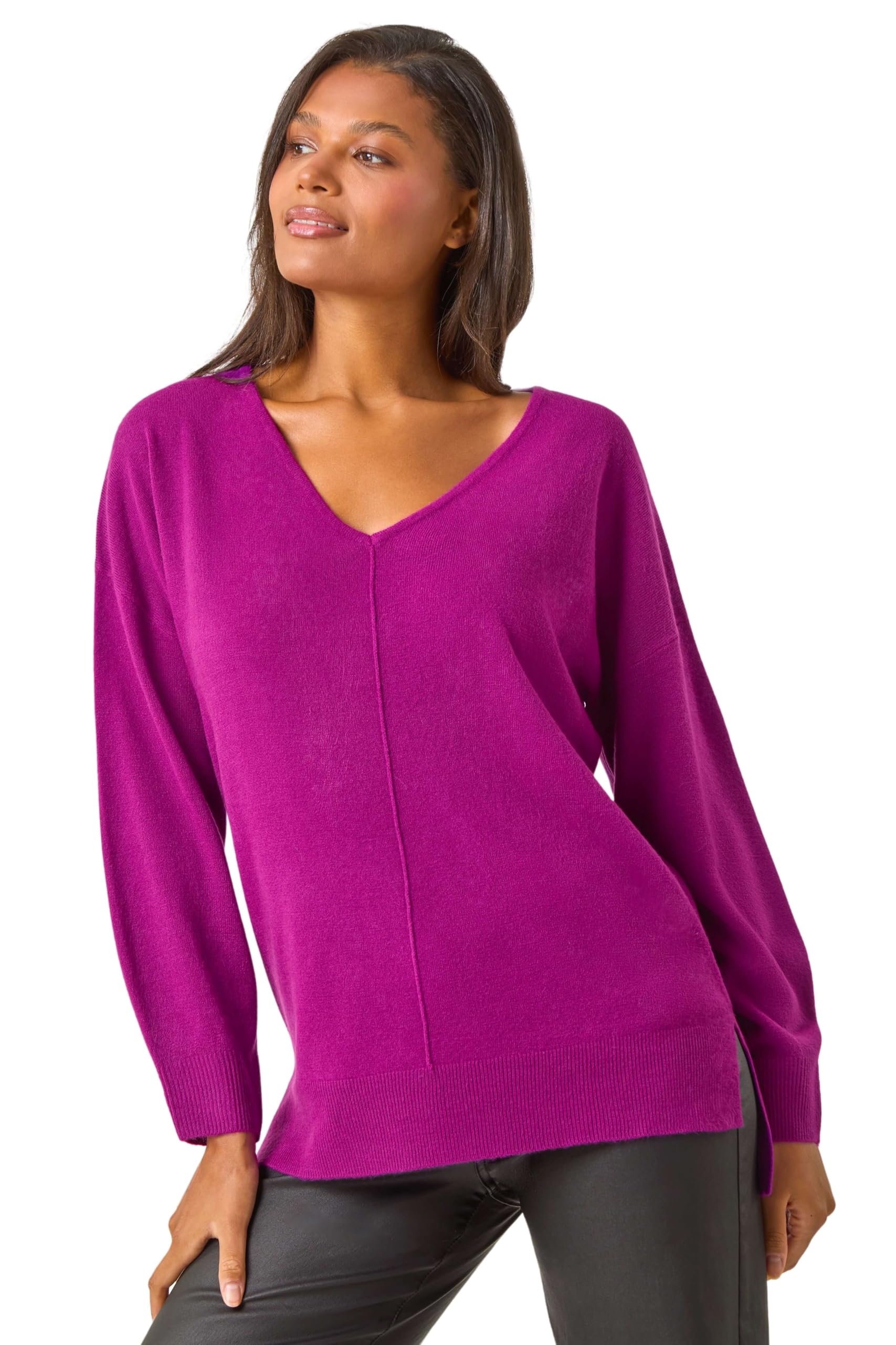 Roman Originals Women's Plum Soft V-Neck Side Split Knit Sweater For Uk - Everyday Autumn Winter V-Neckline Comfy Soft Evening Vacation Work Party Night Out - Size 18