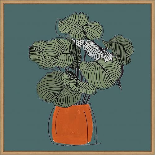 Amanti Art Framed Canvas Wall Art 30x30 The Retro Potted Plant On Teal I by Patricia Pinto, Framed Wall Art Canvas, Abstract Artwork, Modern Decor,