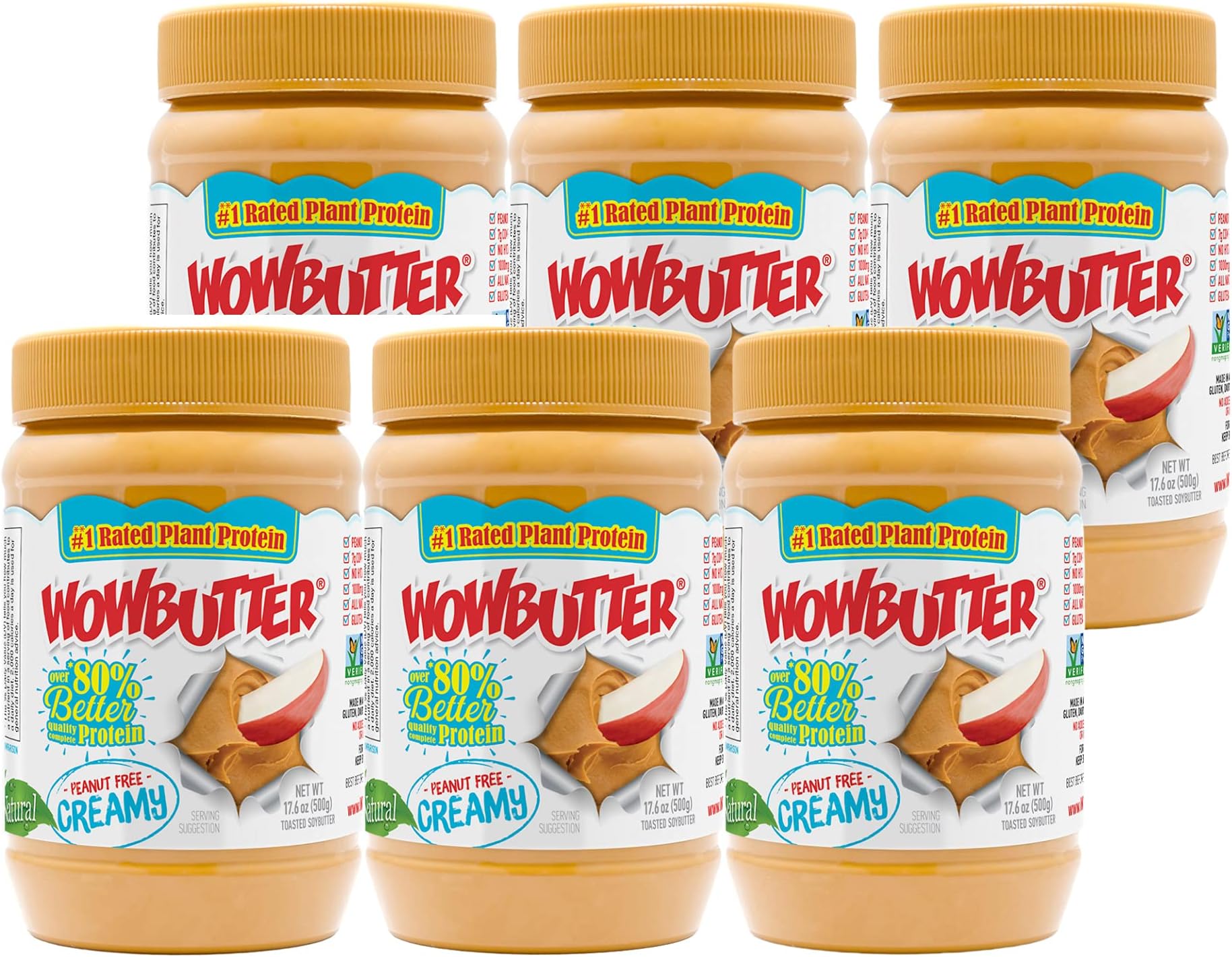 Peanut Free Tree Nut Free Natural No Stir Spread – WOWBUTTER – Award Winning Vegan Plant Protein Food made with Non-GMO verified Whole Soy – (Creamy, 1.1 Pound (Pack of 6))