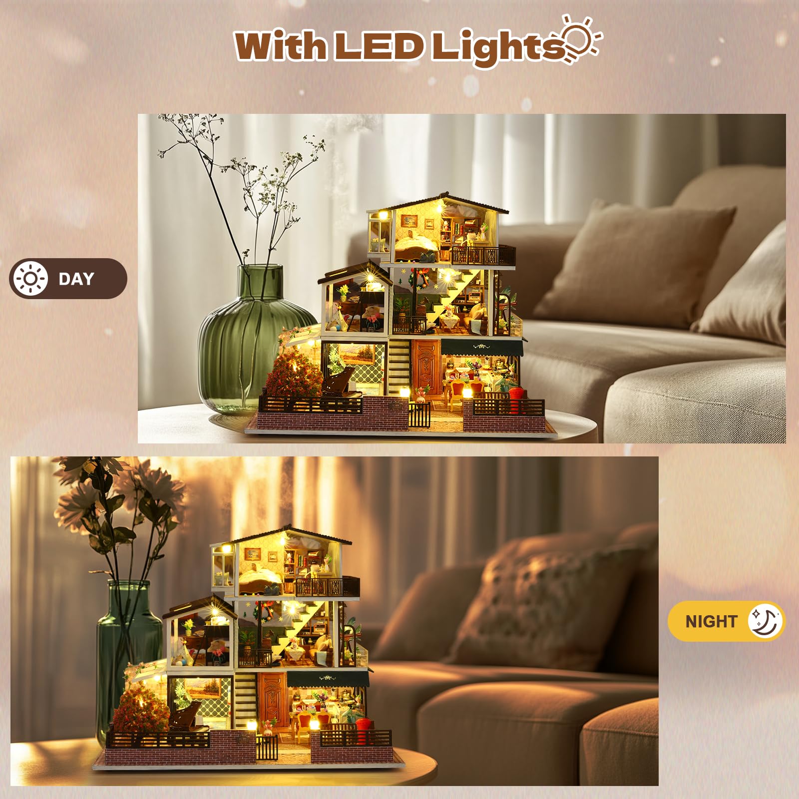DIY Miniatur Haus, Mini 3D Holzpuzzle Puppenhaus Modell Set mit LED Spieluhr, Romantische Villa Tiny Haus Bücherregal Deko Bastelset, Geburtstag Geschenk für Erwachsene Frauen Männer