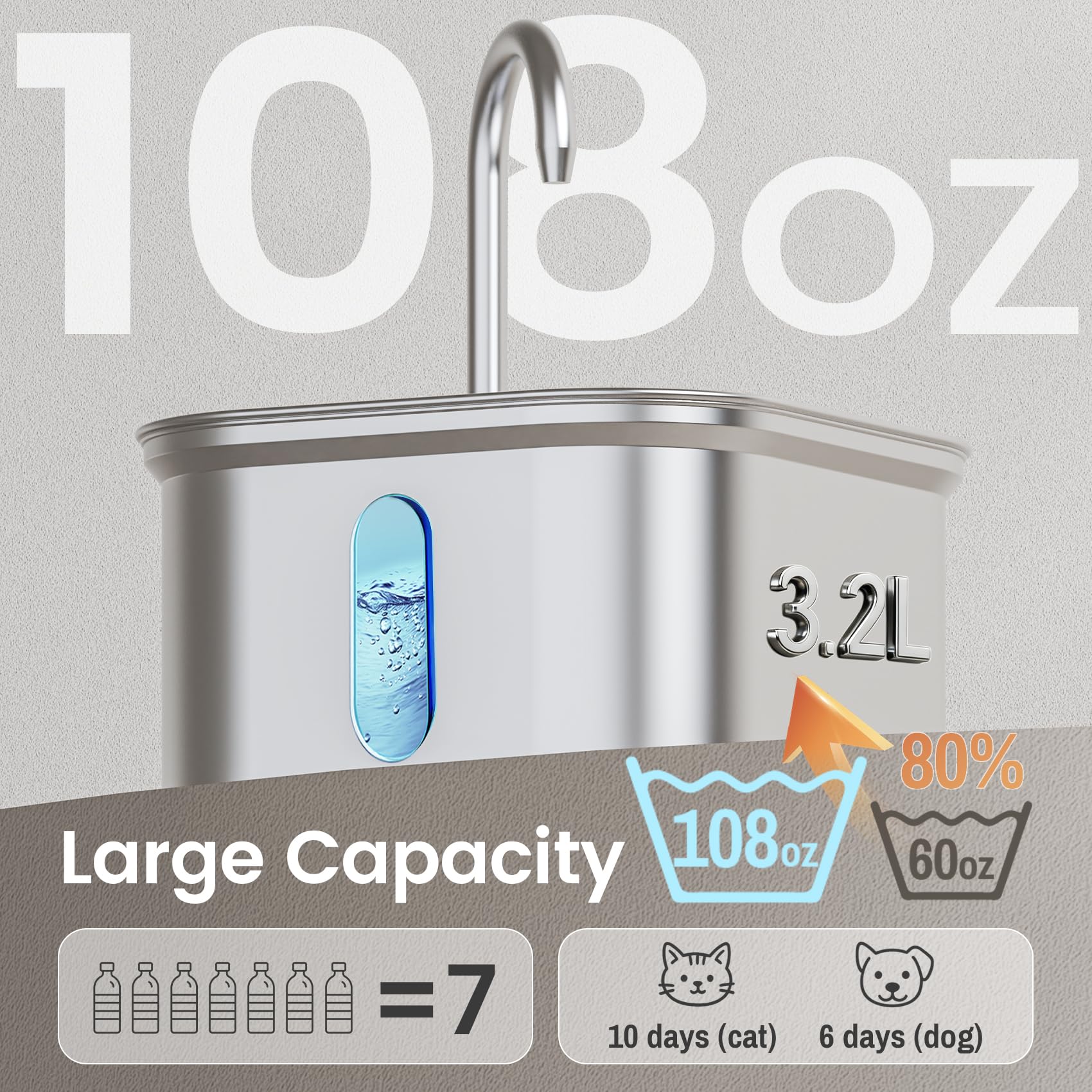 Fuente de Agua para Gatos, Acero Inoxidable, 3,2 L, dispensador de Agua automático silencioso para Perros, Apagado automático Seguro, Fuente de Agua Cuadrada Grande para Gatos de Interior