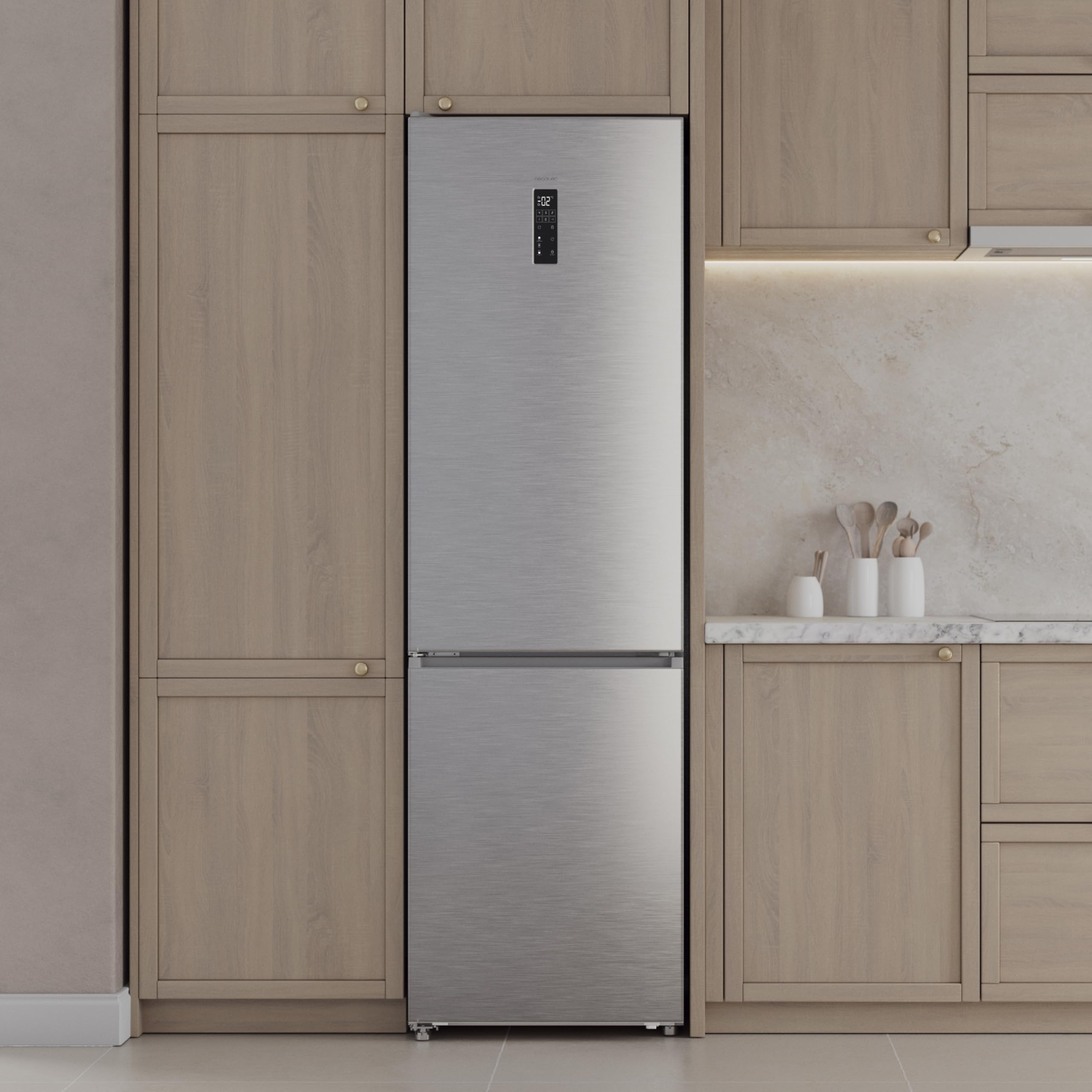 Cecotec Lodówka Combi 456L Total No Frost Bolero CoolMarket Combi 456 Inox C. wysokość 201 cm i szerokość 59,5 cm, MAX INSIDE z VIP Tech, sprężarka inwerterowa Plus, niskie zużycie energii, szklane