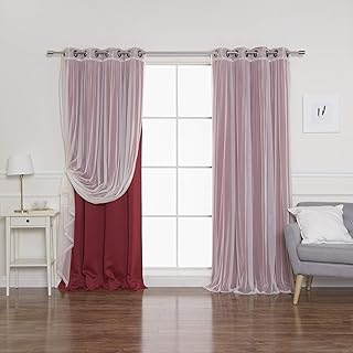 Best Home Fashion Mix & Match Tulle Sheer Lace & Blackout Curtain Set - Antique Bronze Grommet Top - Cardinal Red - 52