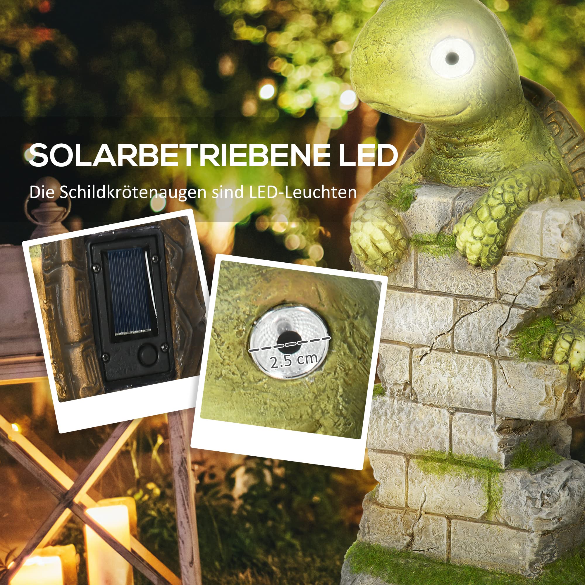Outsunny Statuetta da giardino a forma di tartaruga con luce solare LED, statua da giardino, scultura da 36,5 cm, ornamento esterno per prato, giardino, cortile