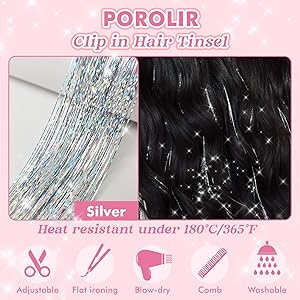 Clip in Hair Tinsel, POROLIR 6Pcs Glitter Fairy Tinsel Hair Extensions 20 Inch Shiny Hair Tinsel Heat Resistant, Sparkly Strands Hair Accessories, Festival Gift for Women Girls Kids (Silver)