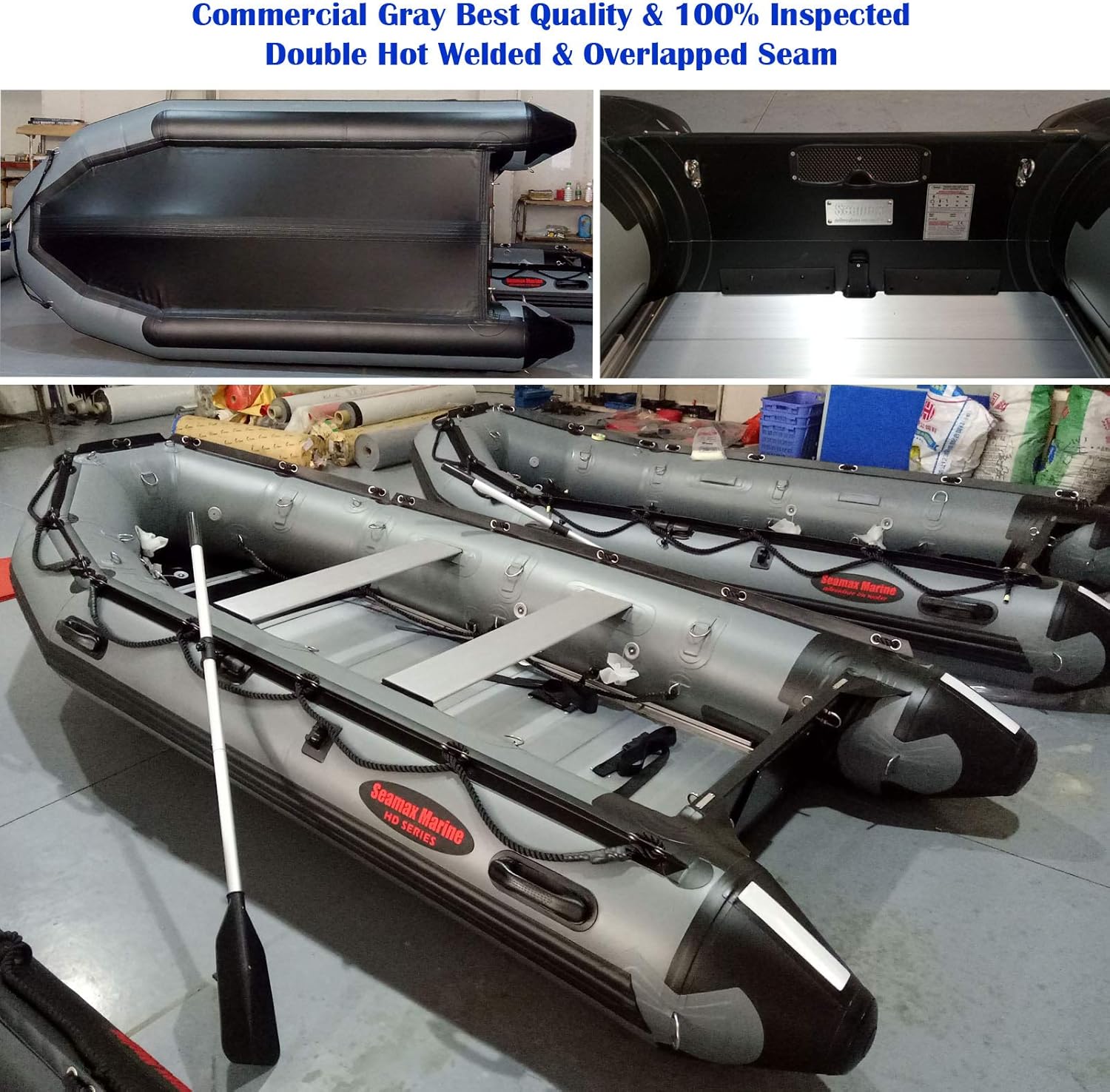 Seamax Ocean380T 12.5 Feet Commercial Grade Inflatable Boat, 5 Pontoon Chambers, Aluminum Floor, V Bottom, Max Support 25HP Motor, Coast Guard Standard Reflective Tapes, Multi-Purpose (Dark Grey)