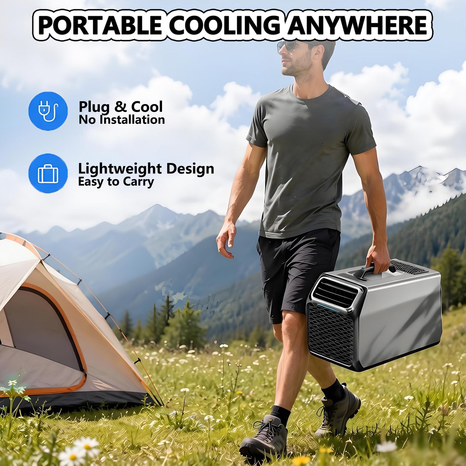 Condizionatore d'aria portatile da campeggio, unità di raffreddamento 4 in 1 per tende e stanze, raffreddamento efficiente, deumidificazione, ventilazione e timer 24 ore, funzionamento silenzioso, 18