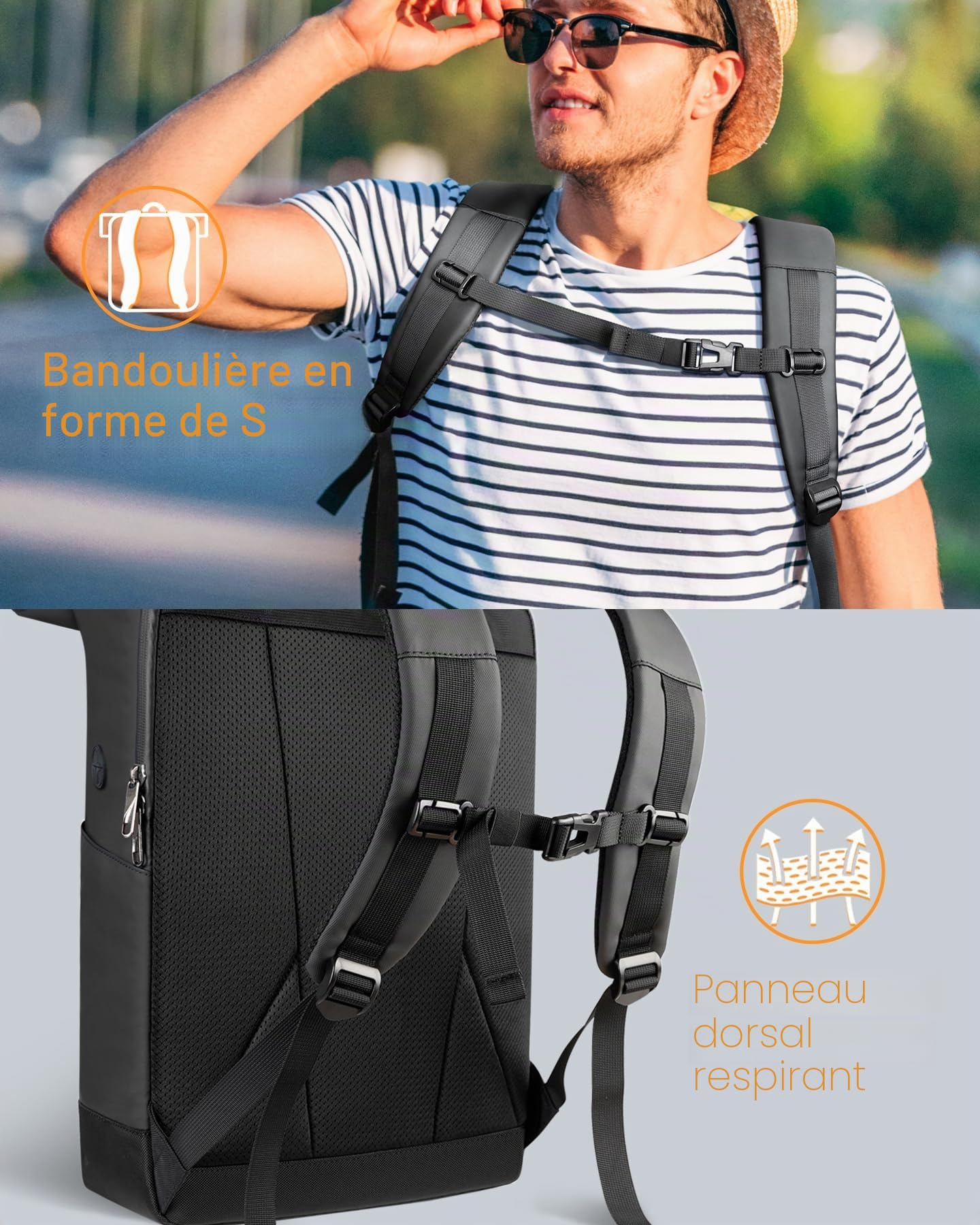 Inateck Sac à Dos Rolltop 25-30L Extensible, Vélo Voyage Loisir, Noir | Homme Femme, 17 Pouces PC, Anti-éclaboussures, Prise écouteurs, Zip accès rapide, Voyage Travail