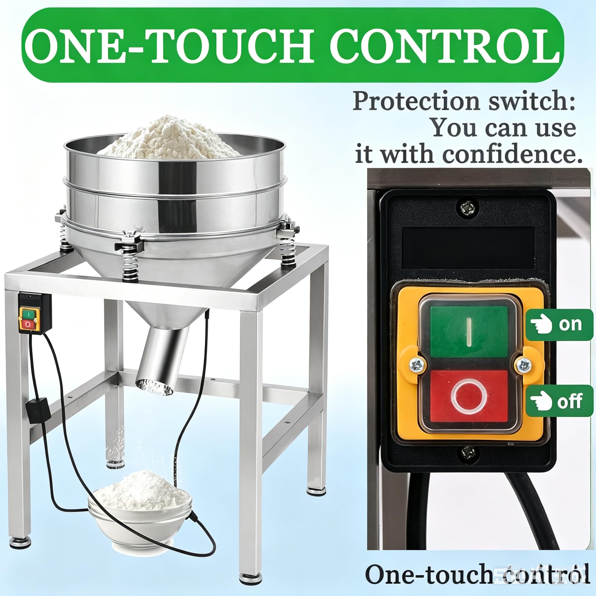 Tamizadora eléctrica de 500 mm de Grado alimentario, tamiz vibratorio automático de 70 W para harina, Herramienta de Cocina con Malla múltiple de Acero Inoxidable 304 para repostería. 150mesh