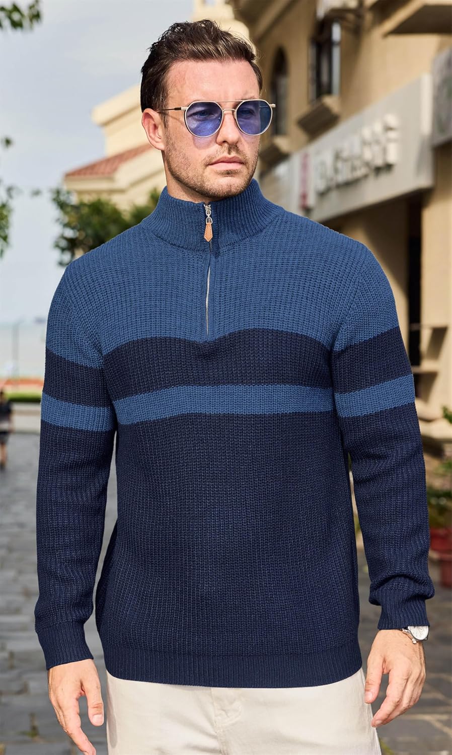 Lexiart Men's Pullover Sweater Mockneck Quarter Zip Color Block Ribbed Knit Thermal Sweaters - Image 3